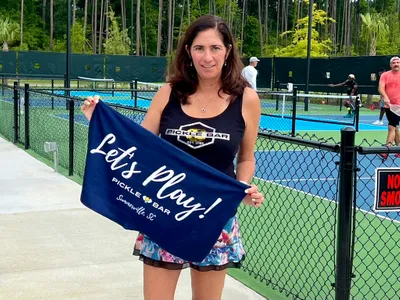 Custom Gym & Fitness Towels - Taking a break from playing pickleball at the Pickle Bar in Summerville SC