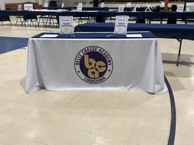 Custom Rectangle Table Covers - We had our parent orientation for the first day of school We used the tablecloth on our parent sign-in table with a blue cloth draped across the top as a runner