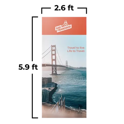79 x 180 cm A promotional poster, featuring the Golden Gate Bridge, encourages travel to San Francisco. Text reads 'Travel to live. Life to Travel.'