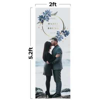 61 x 158 cm A couple embraces on a beach, featured on an advertisement with floral graphics and text 'HAZEL & BRUNO, SAVE THE DATE, 09.26.2022'.