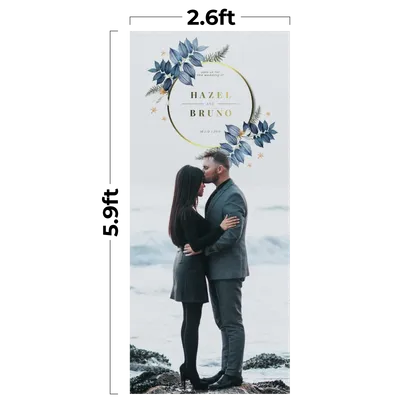 79 x 180 cm A couple embraces on a banner for an event, surrounded by floral graphics, with names 'HAZEL & BRUNO' and date 'MAY 29 2022' featured prominently.