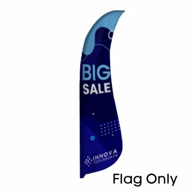 A curvilinear blue advertising flag with the text 'BIG SALE' prominently featured, followed by 'INNOVA TECH BRANDS' below, displayed against a plain background with the label 'Flag Only'.