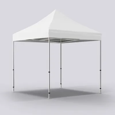 A white canopy tent with a metal frame, stationary, set against a neutral gray background.
