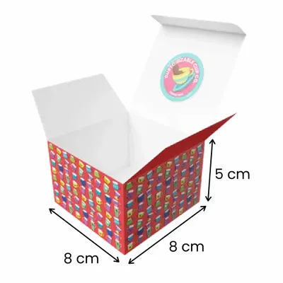 8 x 8 x 5 cm This is a mockup of a colorful custom branded shipping box, open to display the interior, suggesting packaging for e-commerce or promotional use.
