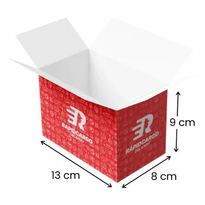 13 x 8 x 9 cm This is an open, empty custom-branded cardboard shipping box with a repeated pattern design and a company logo on the side.