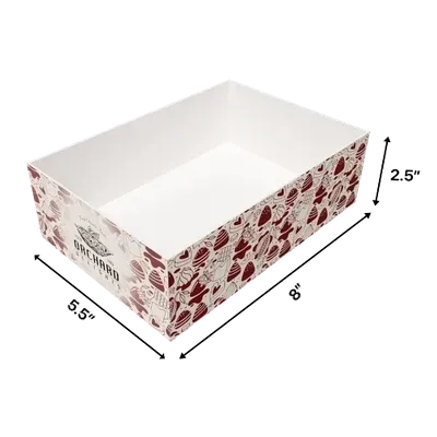 20 x 14 x 6 cm A custom-branded cardboard box with a white interior and a pattern of red lobsters on the exterior, positioned diagonally for display.