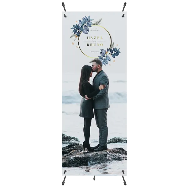 A banner displays a couple embracing on rocks with a graphic overlay and text 'HAZEL & BRUNO' with a floral design in a coastal context.