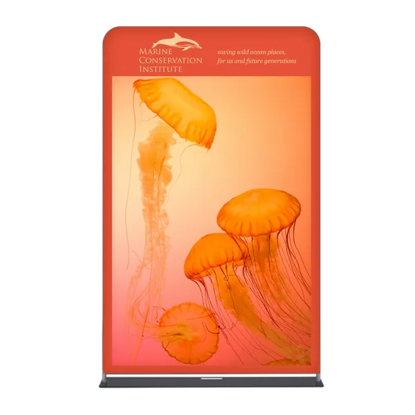 A retractable banner stand displaying jellyfish with the text 'MARINE CONSERVATION INSTITUTE - securing wild ocean places, for us and future generations.'